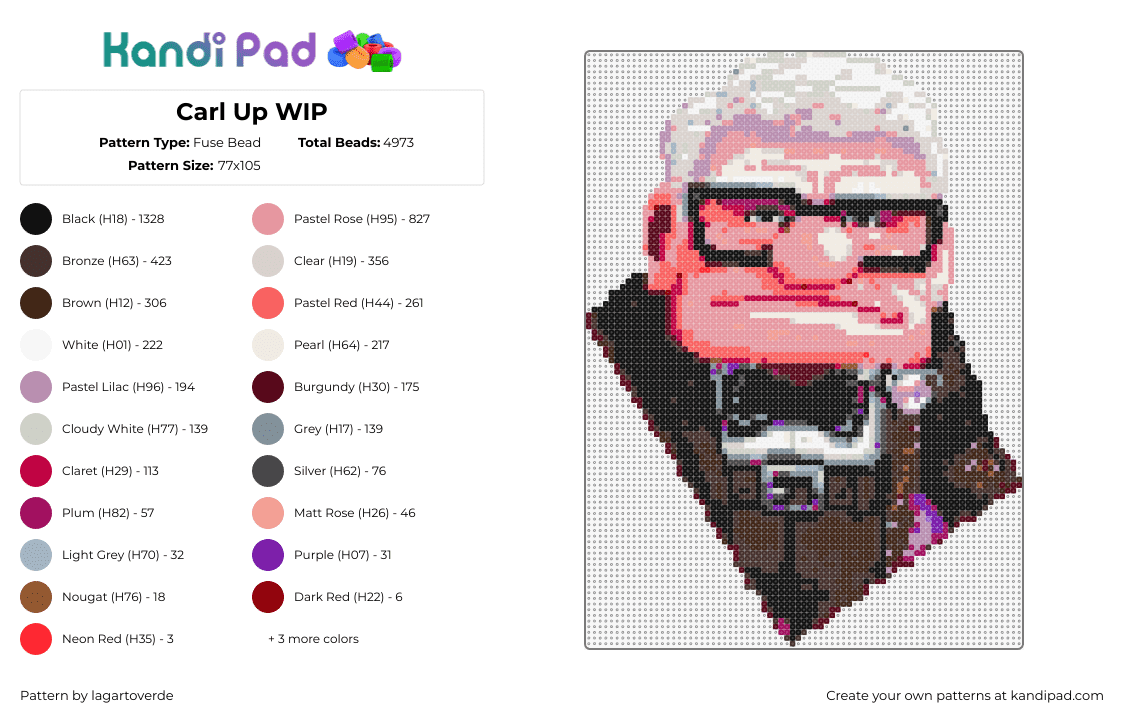 Carl Up WIP - Fuse Bead Pattern by lagartoverde on Kandi Pad - carl,up,disney,character,portrait,cartoon,movie,animation,pink,brown