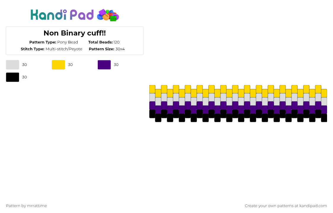 Non Binary cuff!! - Pony Bead Pattern by mrrattime on Kandi Pad - yellow,purple,non binary,pride,trans,no gender only rage