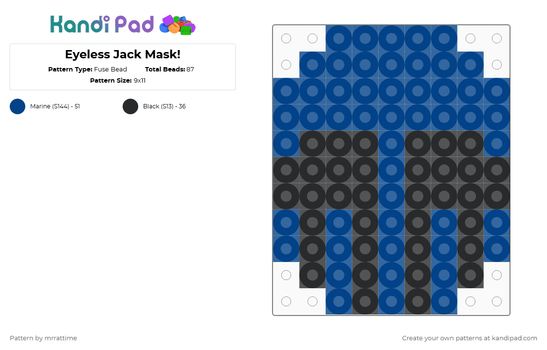 Eyeless Jack Mask! - Fuse Bead Pattern by mrrattime on Kandi Pad - blue,black,creepypasta,crp,eyeless jack,jack,horror,ej,cannibal