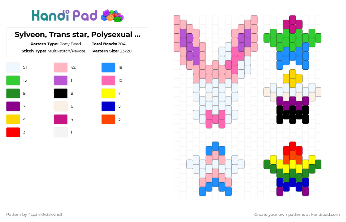 Sylveon, Trans star, Polysexual star, Nonbinary star, and Rainbow flag - Pony Bead Pattern by 4sp3nl0v3sk4nd1 on Kandi Pad - pink,green,gay,nonbinary,nb,polysexual,transgender,pokemon,kandi,slveon