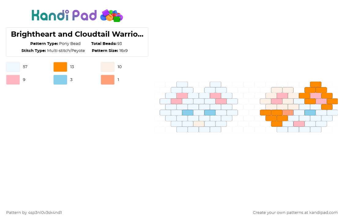 Brightheart and Cloudtail Warrior Cats Kandi! - Pony Bead Pattern by 4sp3nl0v3sk4nd1 on Kandi Pad - white,pink,orange,cloudtail,brightheart,warrior cats,kandi