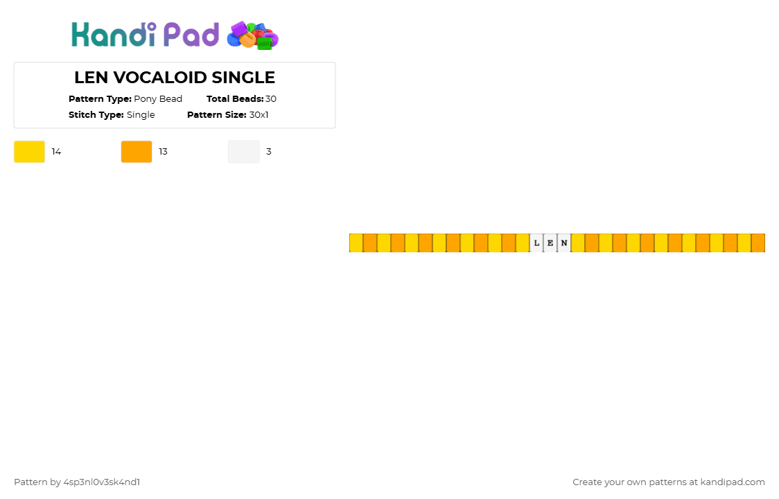 LEN VOCALOID SINGLE - Pony Bead Pattern by 4sp3nl0v3sk4nd1 on Kandi Pad - yellow,orange,len,vocaloid,miku,single,kandi