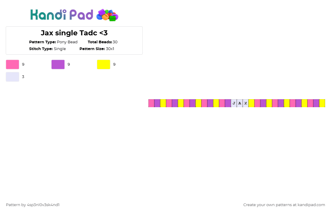 Jax single Tadc - Pony Bead Pattern by 4sp3nl0v3sk4nd1 on Kandi Pad - pink,yellow,tadc,jax,digital circus,kandi,single