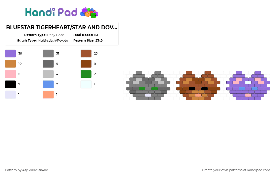 BLUESTAR TIGERHEART/STAR AND DOVEWING WARRIOR CATS - Pony Bead Pattern by 4sp3nl0v3sk4nd1 on Kandi Pad - gray,red,purple,tigerheart,dovewing,bluestar,warrior cats,keychains,kandi