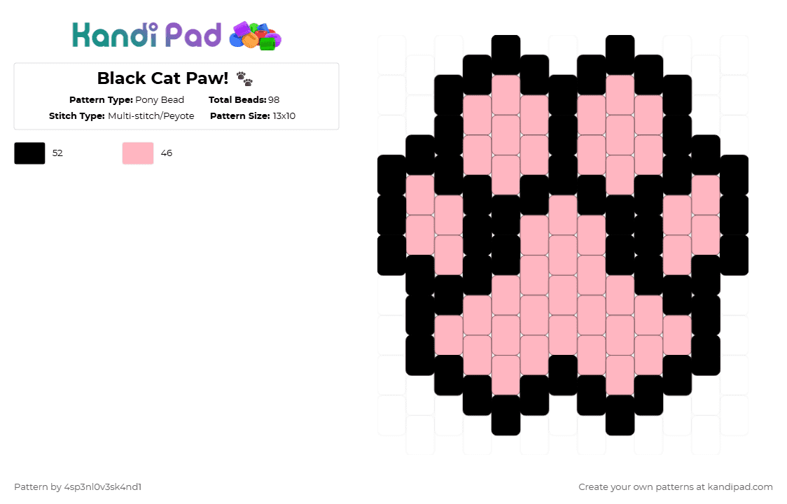 Black Cat Paw! 🐾 - Pony Bead Pattern by 4sp3nl0v3sk4nd1 on Kandi Pad - black,pink,cat,paw,kandi,keychain