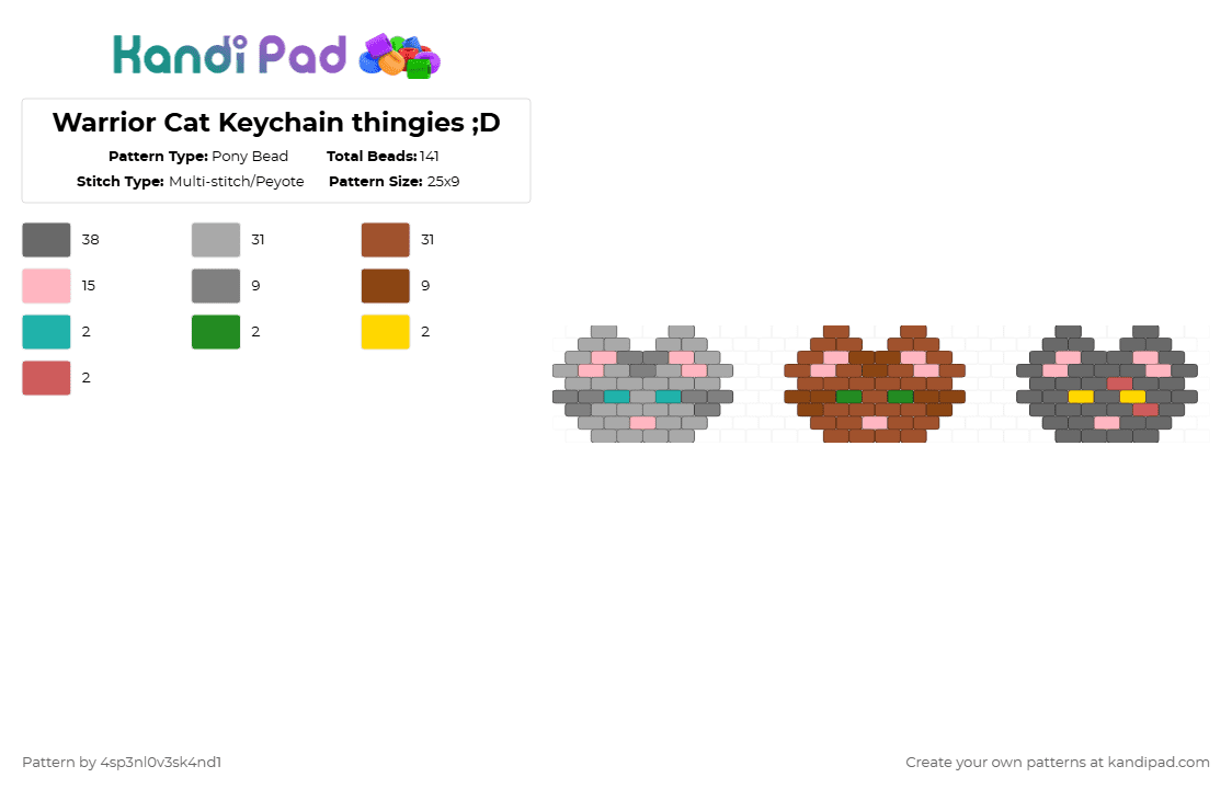 Warrior Cat Keychain thingies ;D - Pony Bead Pattern by 4sp3nl0v3sk4nd1 on Kandi Pad - beige,gray,red,warrior cats,leafpool,jayfeather,yellowfang,cats
