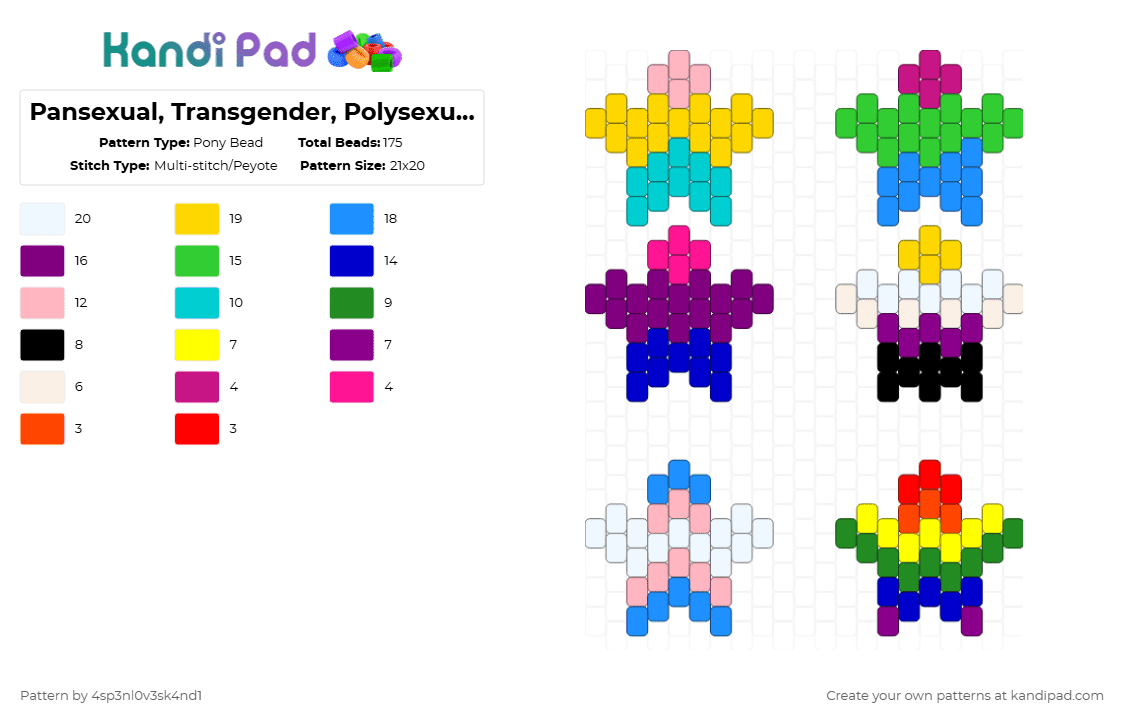 Pansexual, Transgender, Polysexual, Gay/Rainbow, Nonbinary, and Bisexual star - Pony Bead Pattern by 4sp3nl0v3sk4nd1 on Kandi Pad - light blue,pink,green,yellow,gay,nonbinary,polysexual,transgender,bisexual,pansexual,kandi
