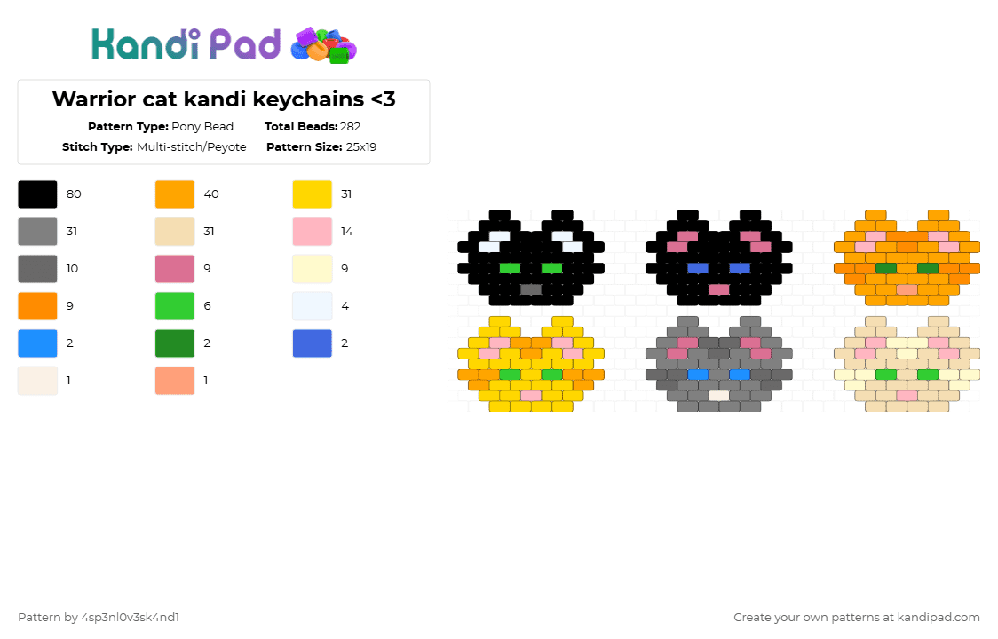 Warrior cat kandi keychains - Pony Bead Pattern by 4sp3nl0v3sk4nd1 on Kandi Pad - yellow,orange,gray,beige,colorful