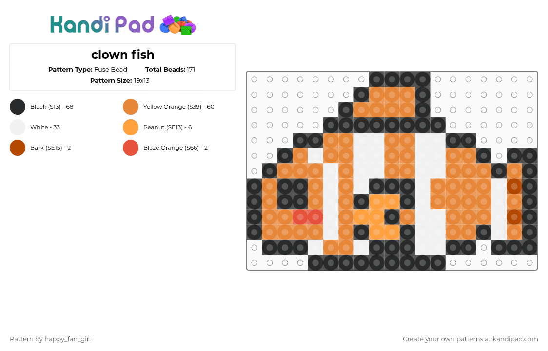 clown fish - Fuse Bead Pattern by happy_fan_girl on Kandi Pad - orange,clown fish,sea animal,animal,fish,cute,clown,cotdclownfish