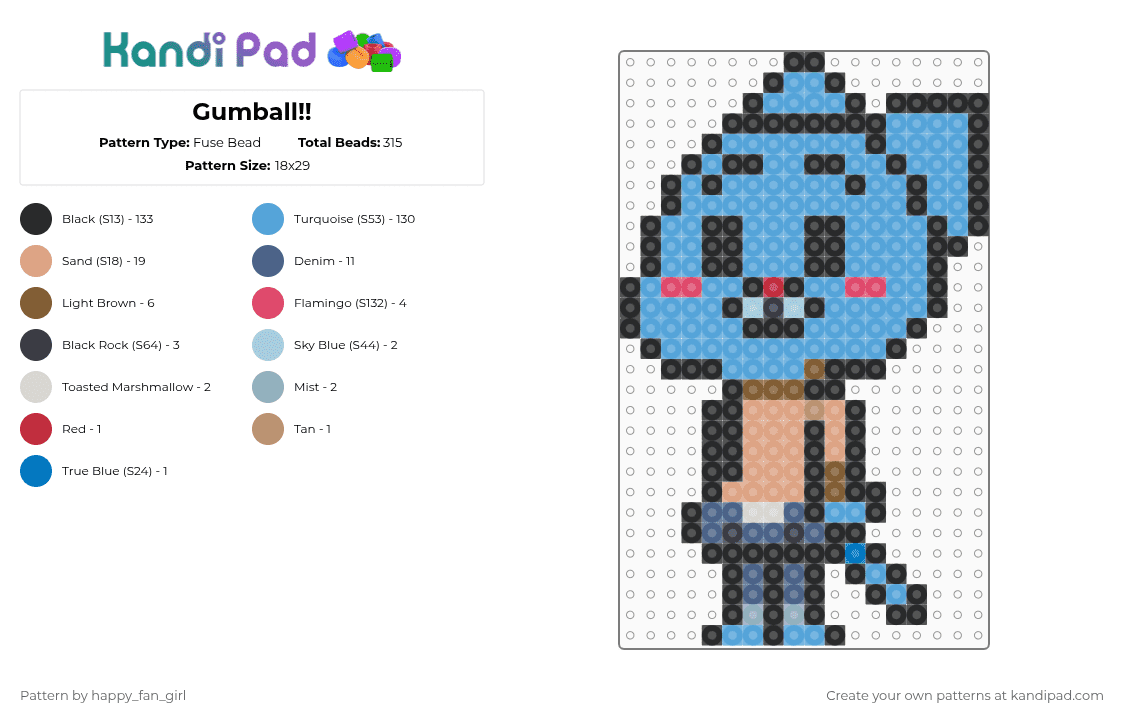 Gumball!! - Fuse Bead Pattern by happy_fan_girl on Kandi Pad - light blue,gumball,the amazing world of gumball,cute,cat,blue cat,cartoon,character,blue