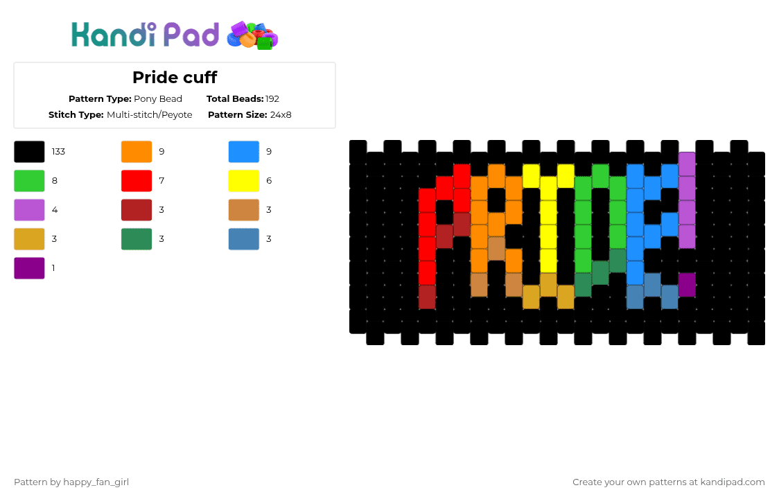 Pride cuff - Pony Bead Pattern by happy_fan_girl on Kandi Pad - black,orange,green,colorful,pride,cuff,bracelet,rainbow,word,cool,peace,pride month