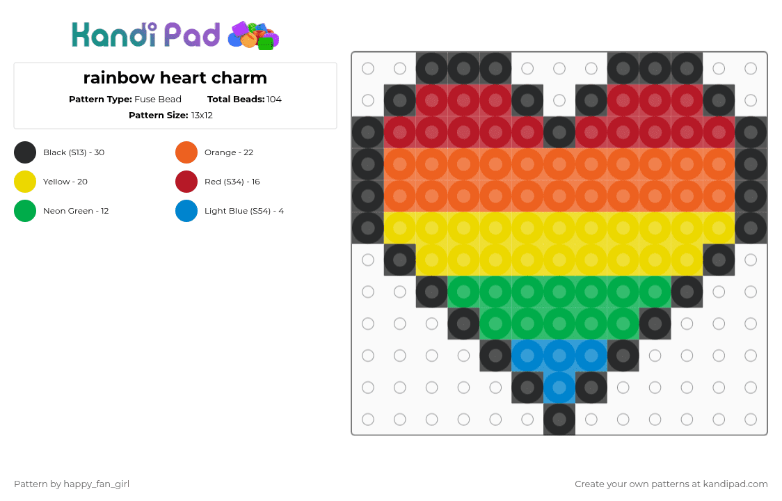 rainbow heart charm - Fuse Bead Pattern by happy_fan_girl on Kandi Pad - red,orange,yellow,heart,love,pride,rainbow,colorful,cute,xoxo