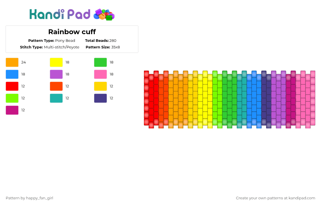 Rainbow cuff - Pony Bead Pattern by happy_fan_girl on Kandi Pad - orange,green,colorful,cuff,rainbow,pride,colorfull,glowy,bracelet,shiny