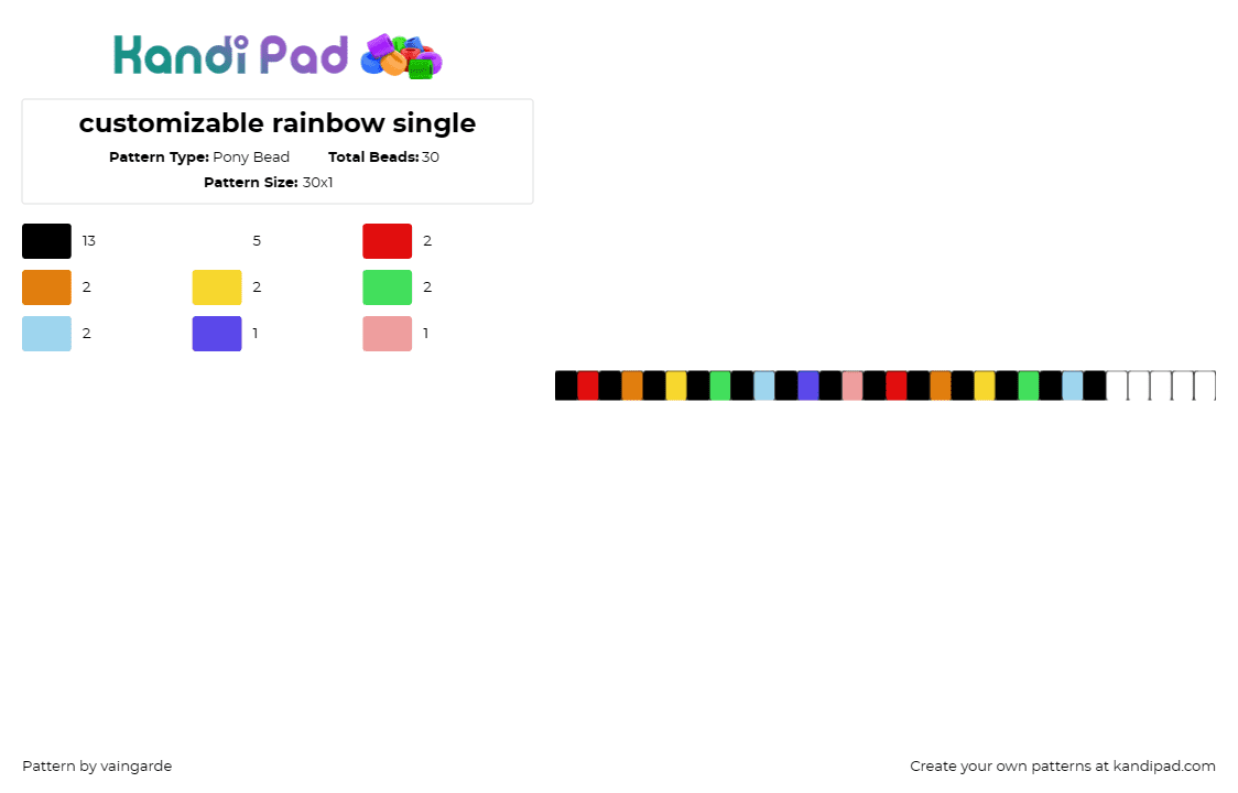 customizable rainbow single - Pony Bead Pattern by vaingarde on Kandi Pad - rainbows,stripes,bracelet,singles