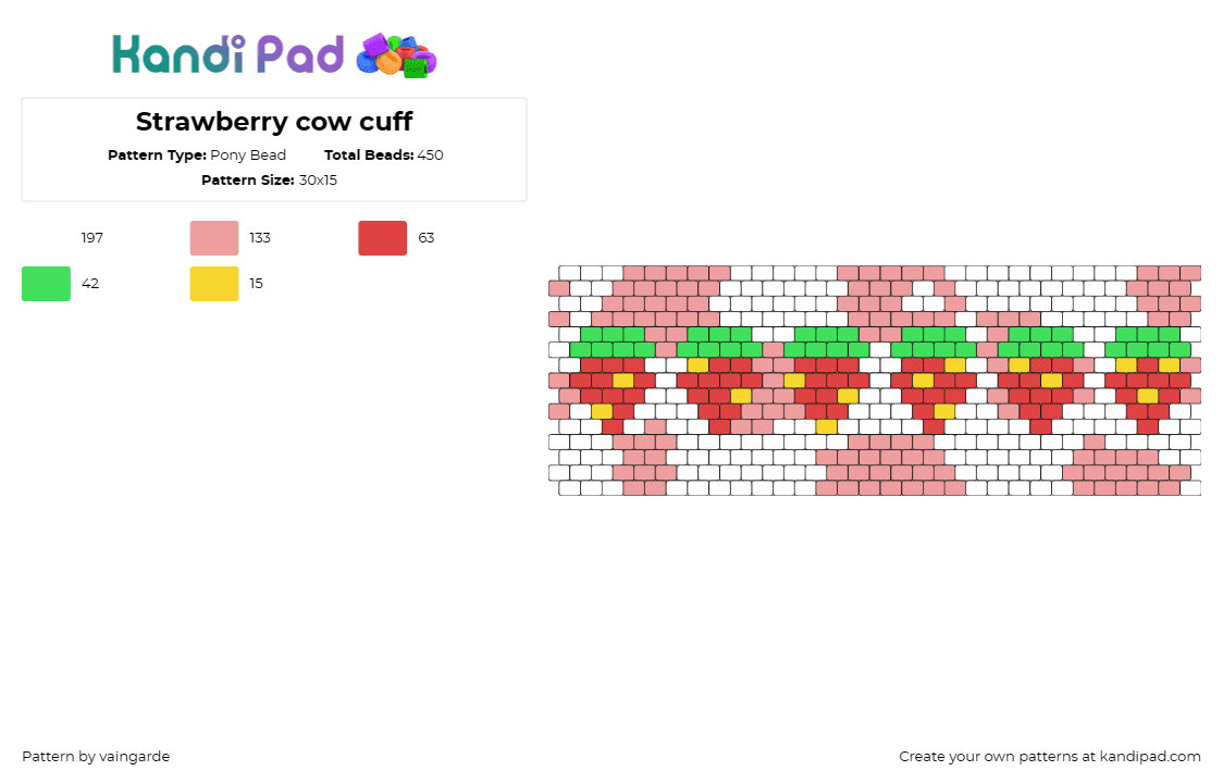 Strawberry cow cuff - Pony Bead Pattern by vaingarde on Kandi Pad - strawberries,cow,animal print,fruit,food,repeating,cuff,red,pink,white,green