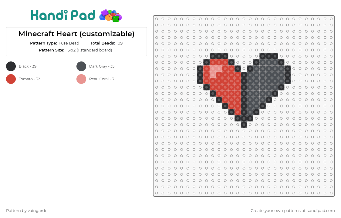 Minecraft Heart (customizable) - Fuse Bead Pattern by vaingarde on Kandi Pad - minecraft,hearts,video games