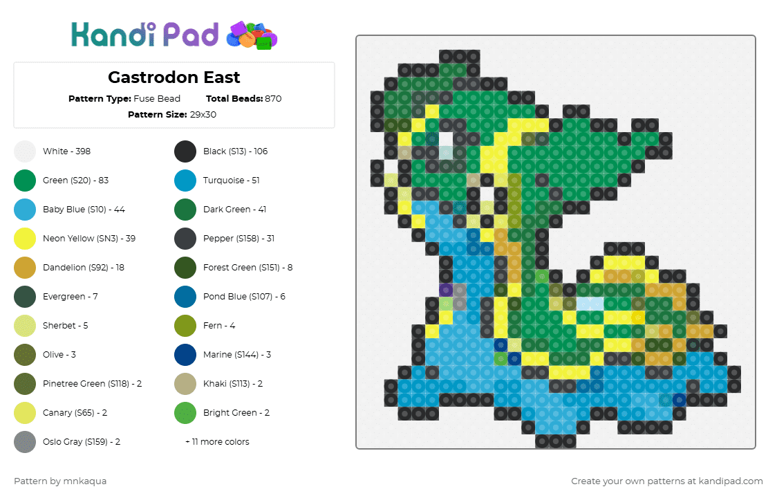 Gastrodon East - Fuse Bead Pattern by mnkaqua on Kandi Pad - white,green,yellow,light blue,pokemon