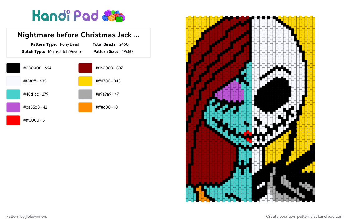 Nightmare before Christmas Jack and Sally remixed - Pony Bead Pattern by jlblawinners on Kandi Pad - halloween, jack, light blue, nightmare before christmas, red, sally, yellow