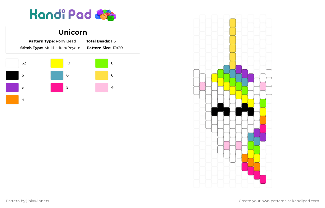 Unicorn - Pony Bead Pattern by jlblawinners on Kandi Pad - white,pink,yellow,green,unicorn
