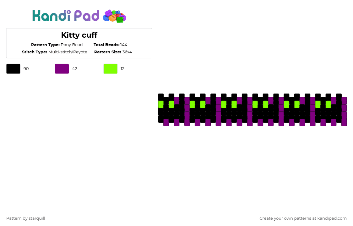 Kitty cuff - Pony Bead Pattern by starquill on Kandi Pad - black,pink,cat,kitty,cuff,multistitch,purple,green