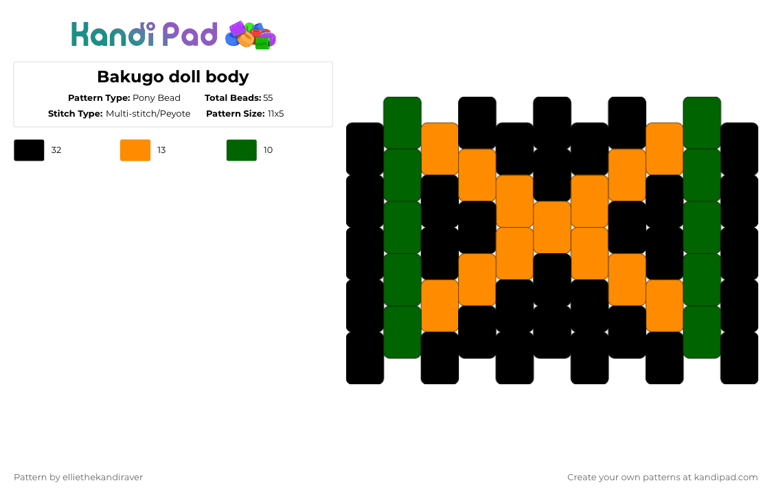 Bakugo doll body - Pony Bead Pattern by elliethekandiraver on Kandi Pad - bakugo, green, kandi doll body, my here academia, orange
