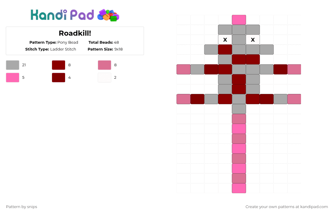 Roadkill! - Pony Bead Pattern by snips on Kandi Pad - pink,beige,opossem,possem,dead
