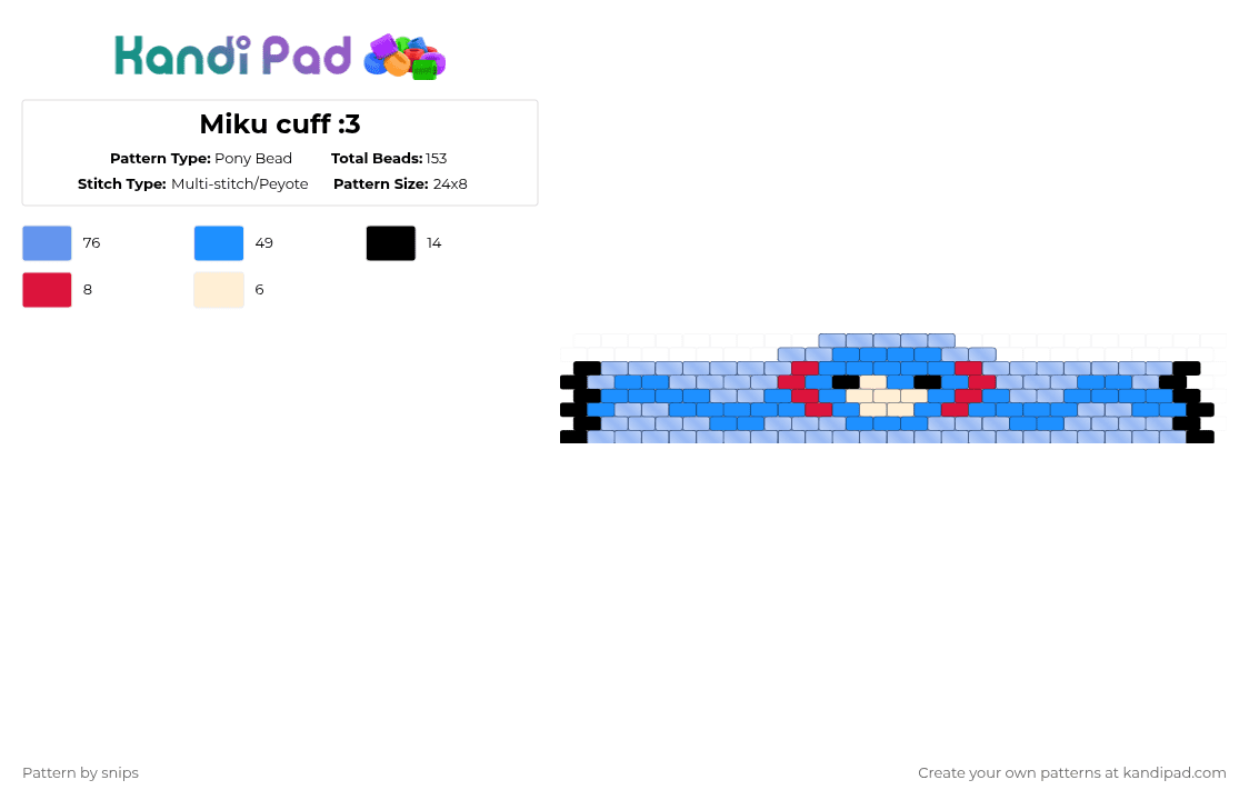 Miku cuff :3 - Pony Bead Pattern by snips on Kandi Pad - light blue,miku,hatsune miku,blue,cute,derpy,cuff