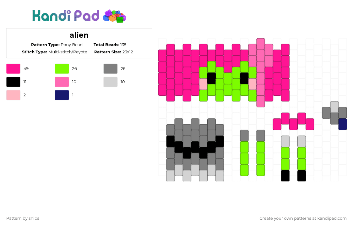 alien - Pony Bead Pattern by snips on Kandi Pad - pink,doll,cotdalienlanguages,green,grey,alien