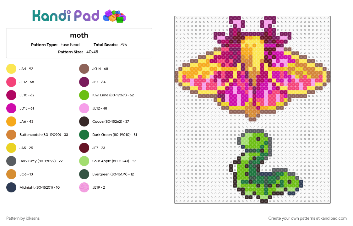 moth - Fuse Bead Pattern by idksans on Kandi Pad - green, orange, pink, yellow