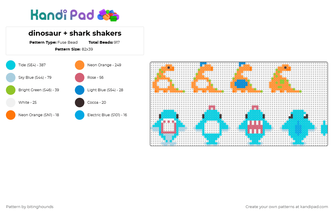 dinosaur + shark shakers - Fuse Bead Pattern by bitinghounds on Kandi Pad - orange,light blue,dinosaur,shark,dino,shakers,perler shaker,fidget,fidget perler,keychain