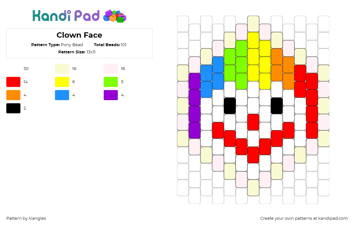 Clown Face - Pony Bead Pattern by klangles on Kandi Pad - clown,colorful,vibrant,playful,joy,rainbow,red nose