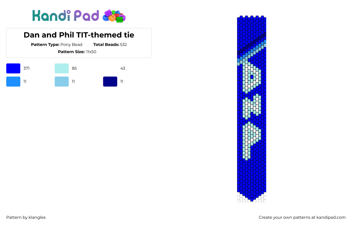 Dan and Phil TIT-themed tie - Pony Bead Pattern by klangles on Kandi Pad - dan and phil,tie,clothing,youtube,text,blue,light blue