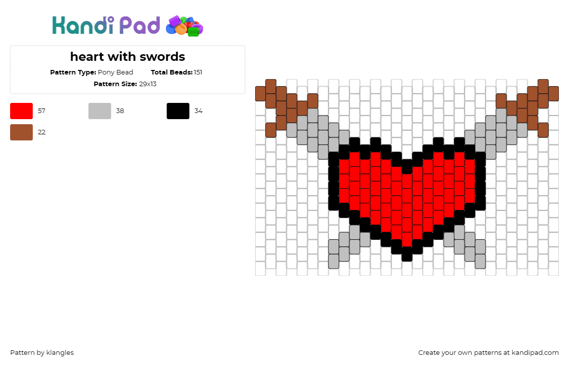 heart with swords - Pony Bead Pattern by klangles on Kandi Pad - swords,heart,weapons,love,red