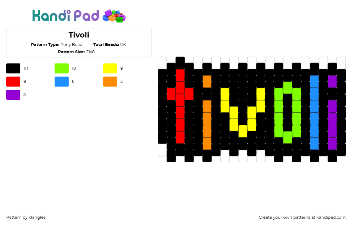 Tivoli - Pony Bead Pattern by klangles on Kandi Pad - tivoli,rainbow,vibrant,playful,bold,red,orange,yellow,green,blue,purple