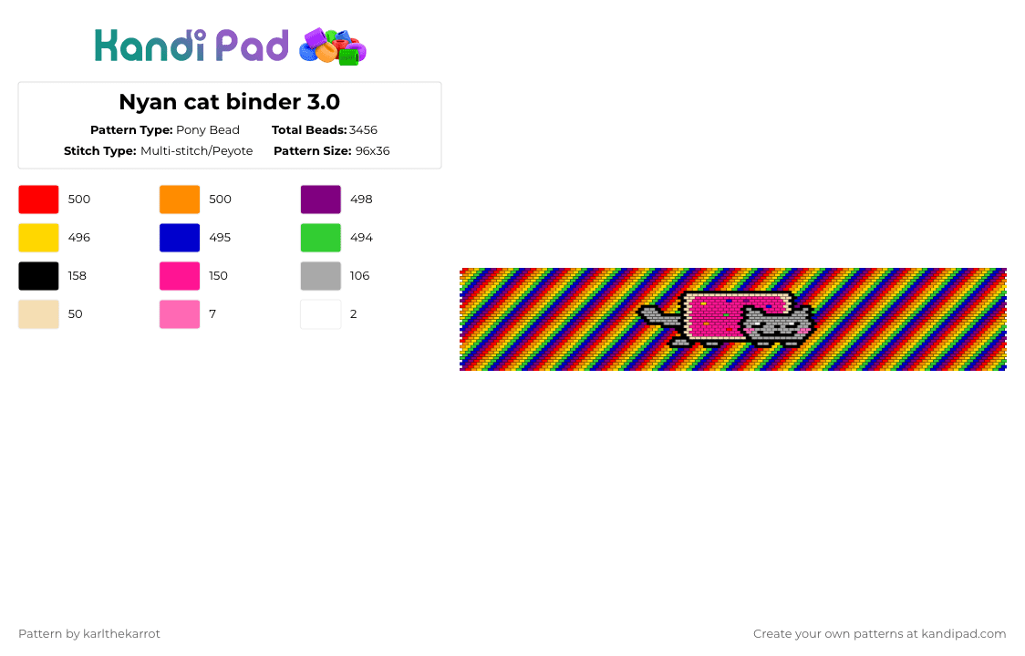 Nyan cat binder 3.0 - Pony Bead Pattern by karlthekarrot on Kandi Pad - orange,green,pink,colorful