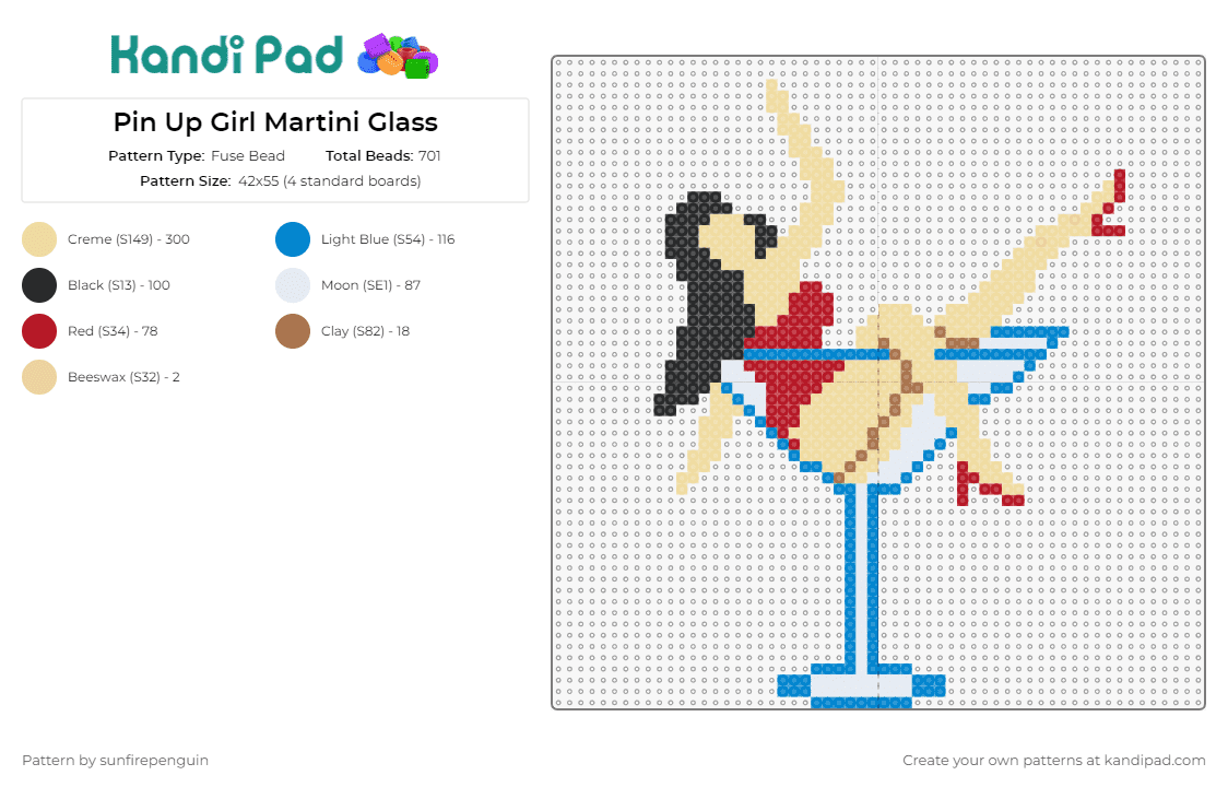 Pin Up Girl Martini Glass - Fuse Bead Pattern by sunfirepenguin on Kandi Pad - pinup girl,martini,glass,alcohol,cocktail,classy,vintage,sophistication,celebration,style,art,blue,red,beige