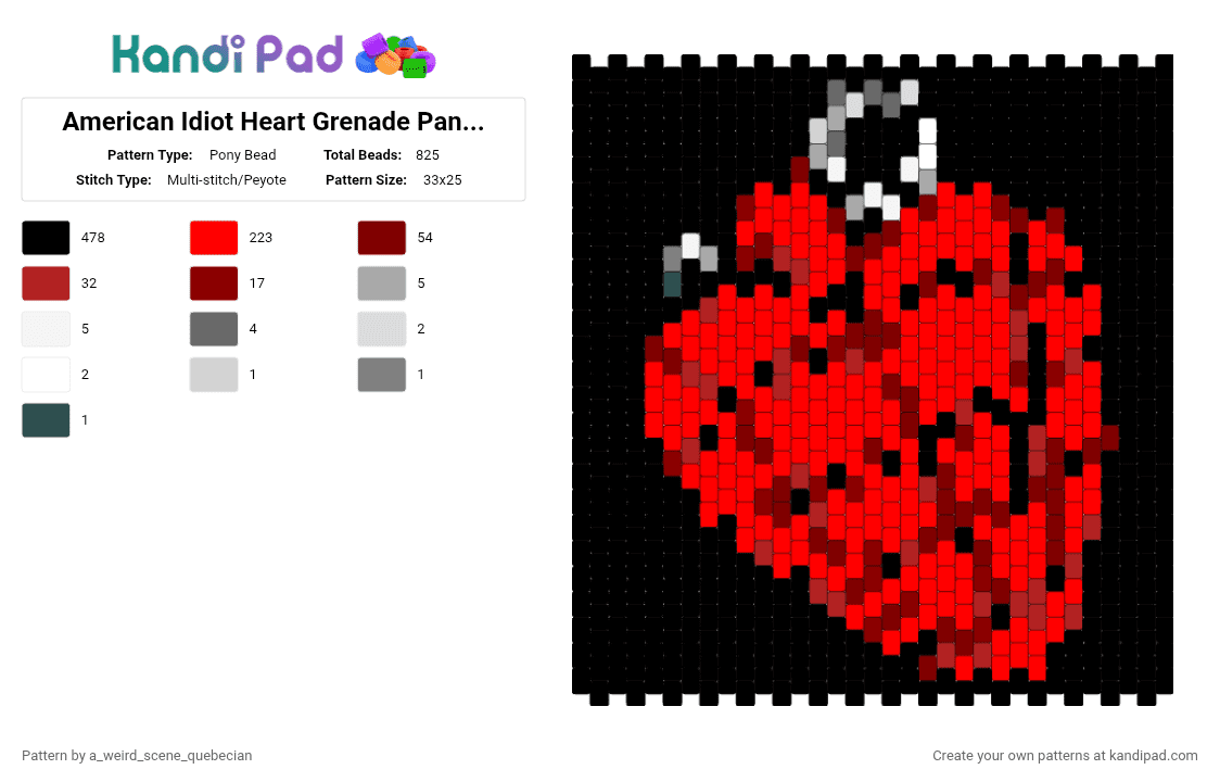 American Idiot Heart Grenade Pannel!!1!! - Pony Bead Pattern by a_weird_scene_quebecian on Kandi Pad - black,red