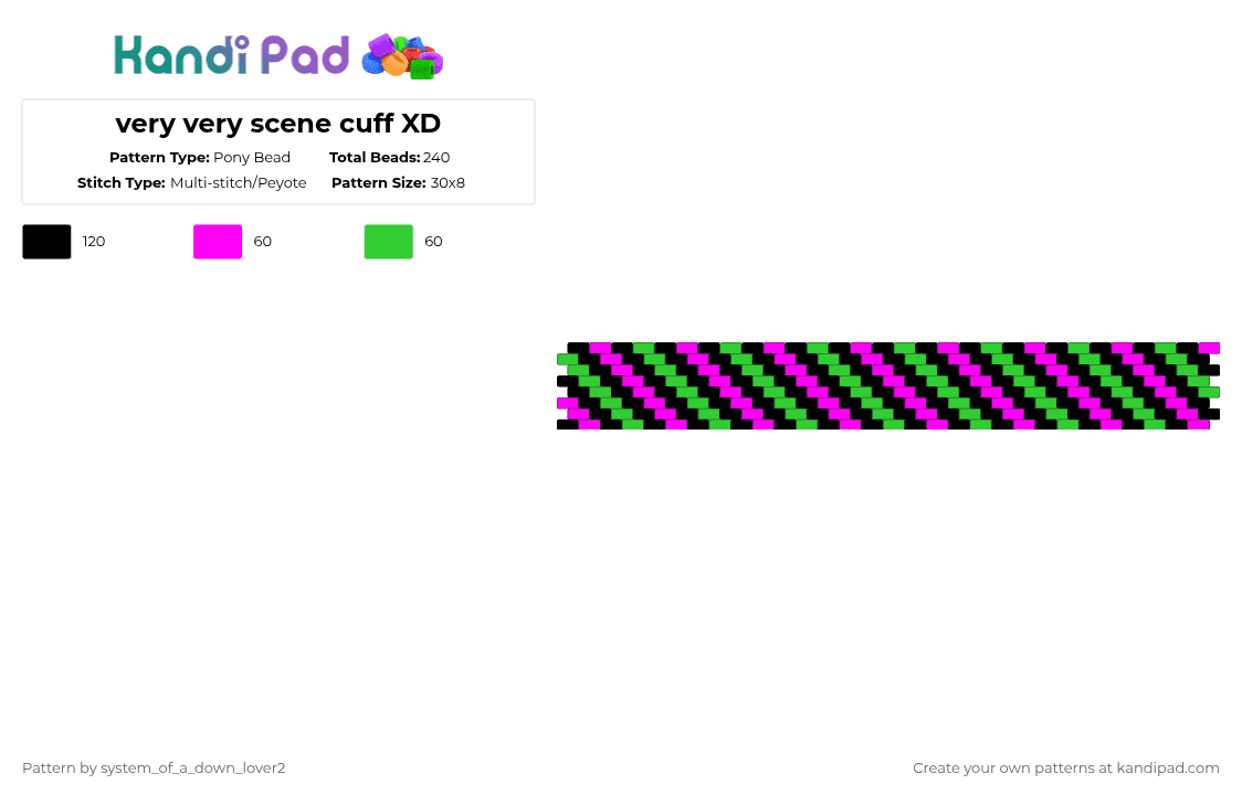 very very scene cuff XD - Pony Bead Pattern by system_of_a_down_lover2 on Kandi Pad - pink,green