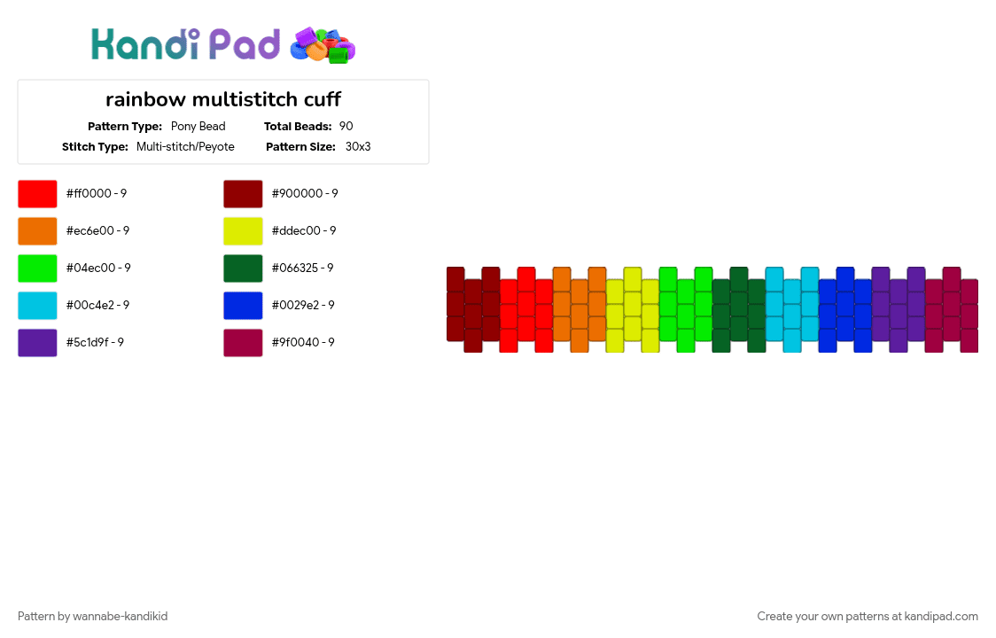 rainbow multistitch cuff - Pony Bead Pattern by wannabe-kandikid on Kandi Pad - cuff, green, happypridethoitsnottime, idk, multicolor, multistitch, pride, purple, rainbow, red