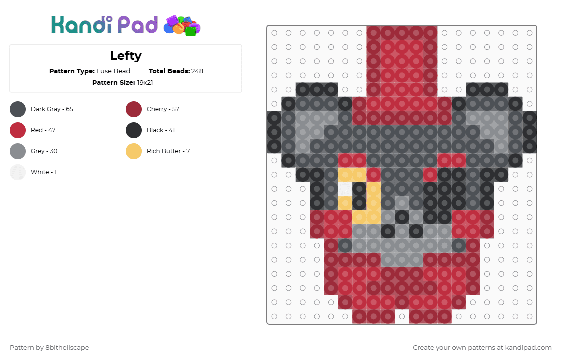 Lefty - Fuse Bead Pattern by 8bithellscape on Kandi Pad - gray,red