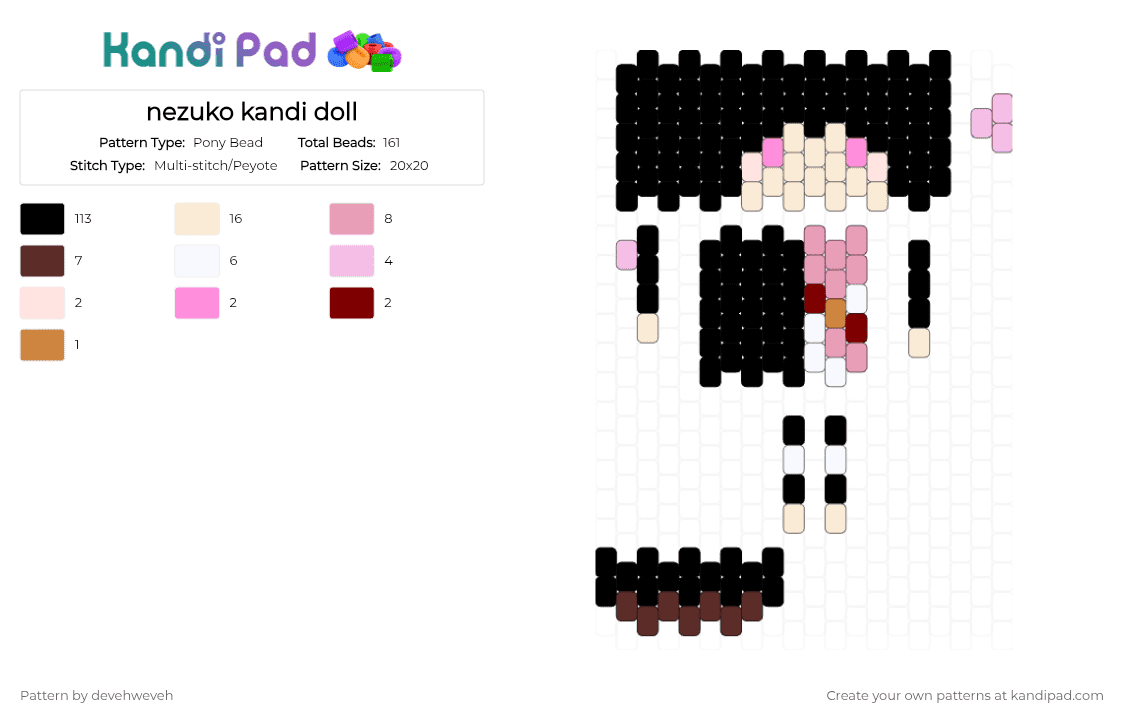 nezuko kandi doll - Pony Bead Pattern by devehweveh on Kandi Pad - black, brown, pink