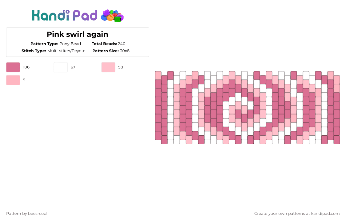 Pink swirl again - Pony Bead Pattern by beesrcool on Kandi Pad - pink,white,swirl,cutesy,home,pinkshift
