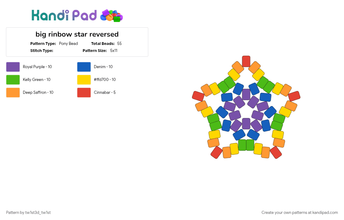 big rinbow star reversed - Pony Bead Pattern by tw1st3d_tw1st on Kandi Pad - blue, colorful, green, orange, purple, rainbow, red, star, yellow