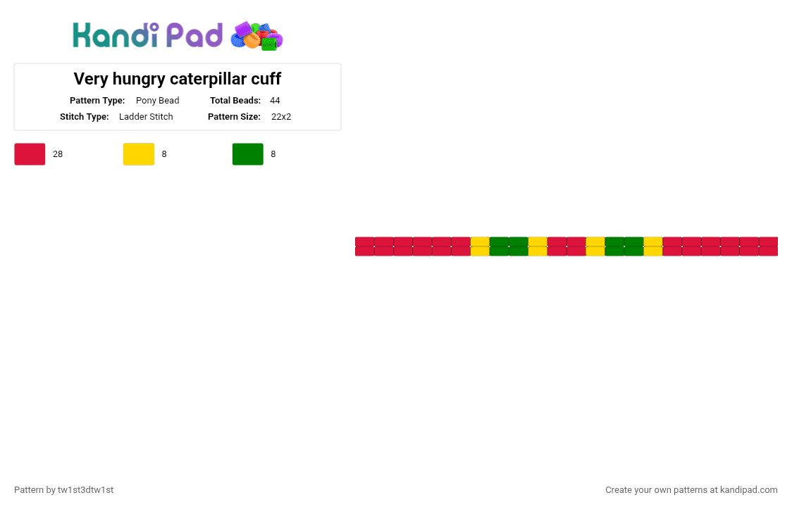 The very hungry caterpillar cuff - Pony Bead Pattern by tw1st3dtw1st on Kandi Pad - red,caterpillar,the very hungry caterpillar,the og big back,cute,green,silly