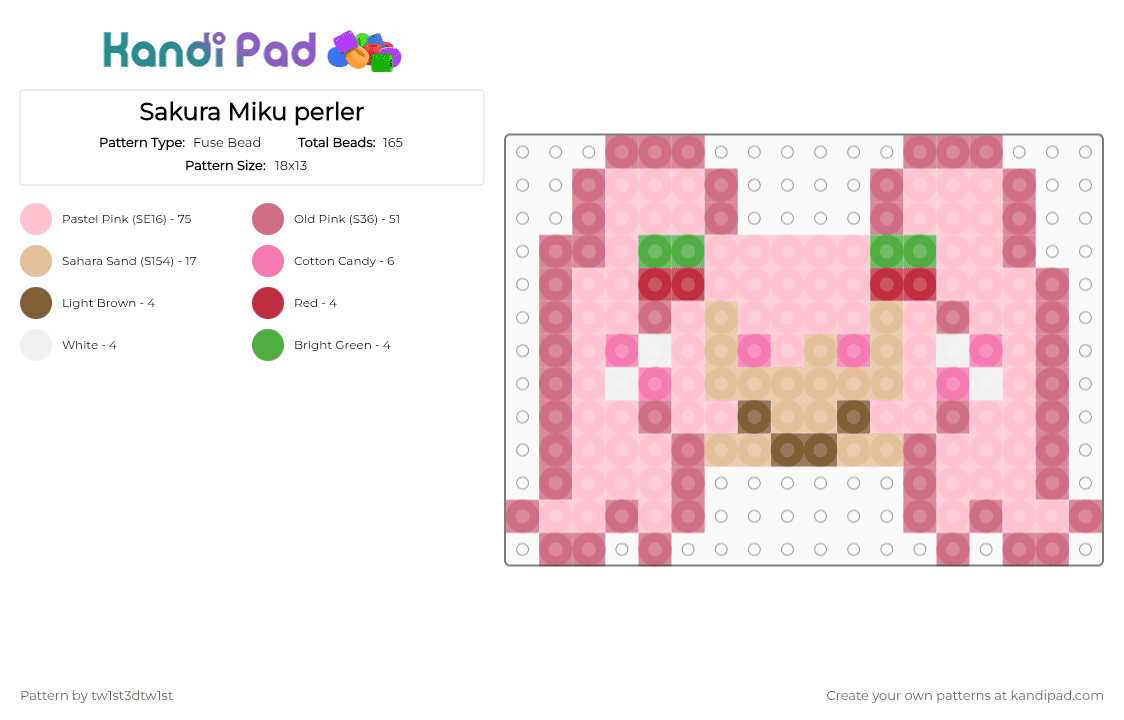 Sakura Miku perler - Fuse Bead Pattern by tw1st3dtw1st on Kandi Pad - pink,sakura miku,miku,small perler,vocaloid,cute