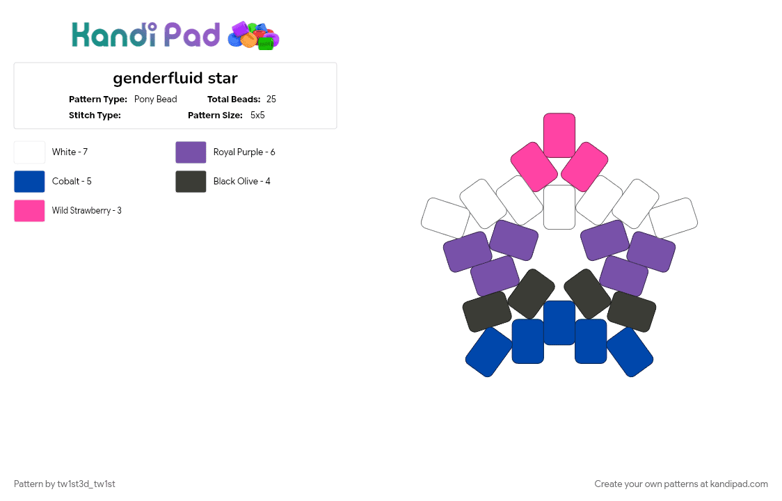 genderfluid star - Pony Bead Pattern by tw1st3d_tw1st on Kandi Pad - black, blue, genderfluid, lgbtq, pink, purple, transgender, white