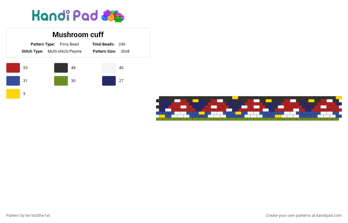 Mushroom cuff - Pony Bead Pattern by tw1st3d_tw1st on Kandi Pad - blue, cottagecore, fireflies, green, mushrooms, night time, red, weirdcore