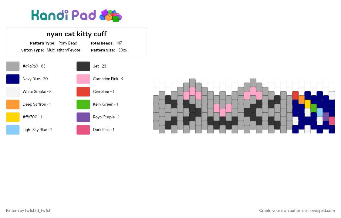 nyan cat kitty cuff - Pony Bead Pattern by tw1st3d_tw1st on Kandi Pad - beige, galaxy, kitty, nyan cat, pink, poptart, poptart cat, purple, rainbow, weird kid