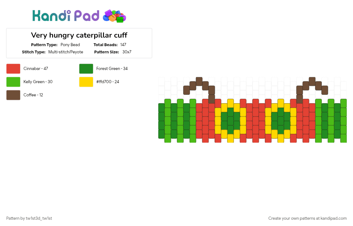 Very hungry caterpillar cuff - Pony Bead Pattern by tw1st3d_tw1st on Kandi Pad - caterpillar, cutecore, green, og bigback, red, red and green, silly, very hungry caterpillar