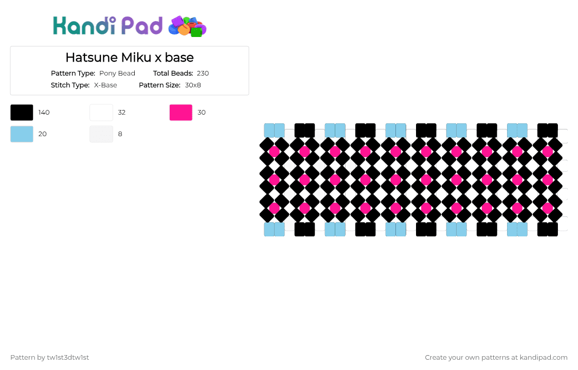 Hatsune Miku x base - Pony Bead Pattern by tw1st3dtw1st on Kandi Pad - black,pink,light blue,miku,hatsune miku,blue,cute,vocaliod